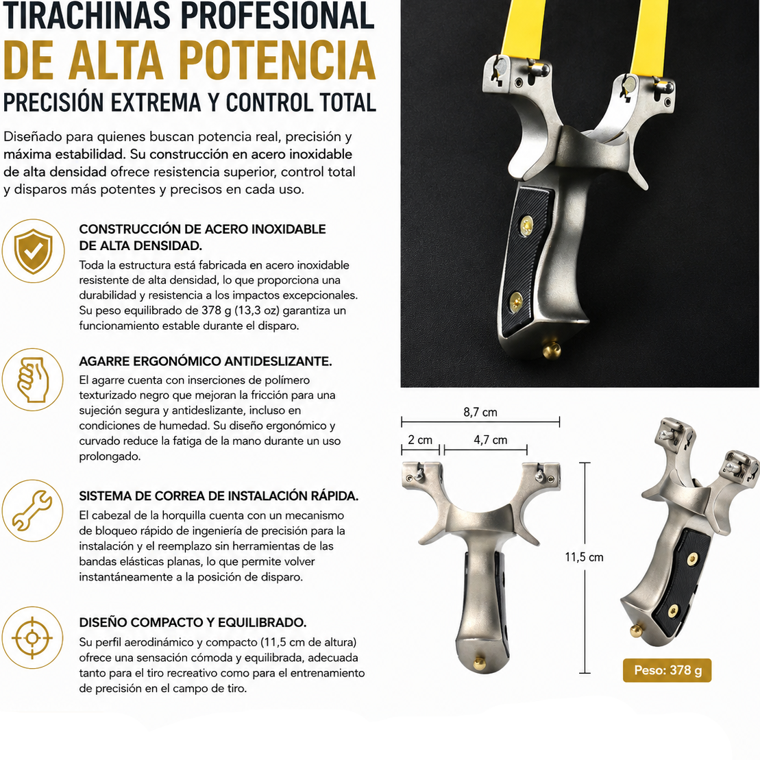 Tirachinas profesional de acero inoxidable alta potencia, precisión extrema y control total - vista 5