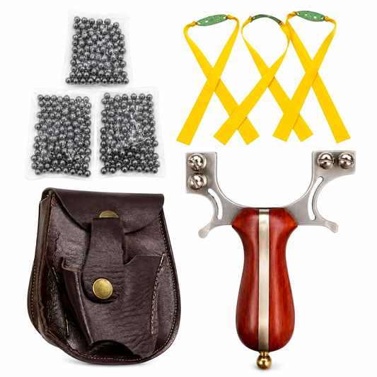 Tirachinas profesional con cabeza de arco de acero inoxidable y mango de madera + repuestos + estuche artesano